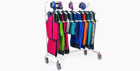Mobile Lead Apron Rack with ten aprons and a handful of bib thyroid collars.