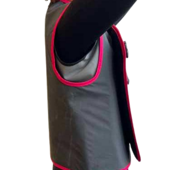 Grey apron with pink trim on a white background