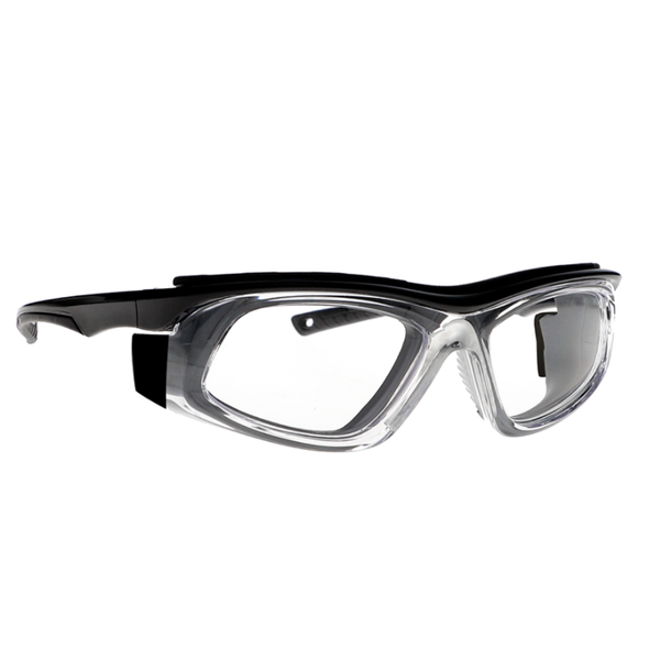 Black x-ray lead glasses with clear lenses on a white background