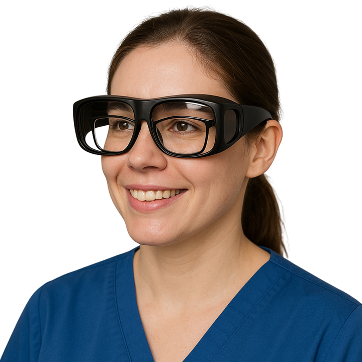 female wearing black fitover lead glasses over exissting prescription glasses with a white background