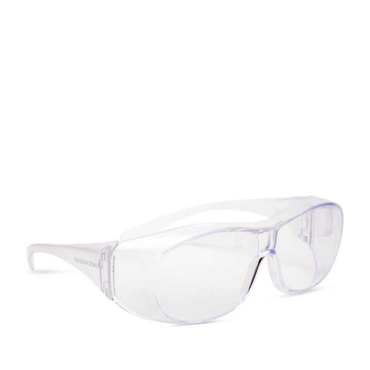 Light guard fitover safety glasses, in clear, side view from safeloox
