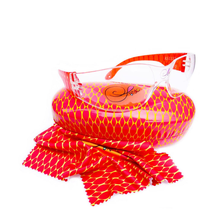Wraparound Sando Safety Splash Glasses, Eyewear Case, Cleaning Cloth - Fishscale Print 