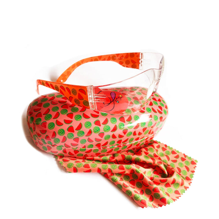 Wraparound Sando Safety Splash Glasses, Eyewear Case, Cleaning Cloth - Watermelon Print 